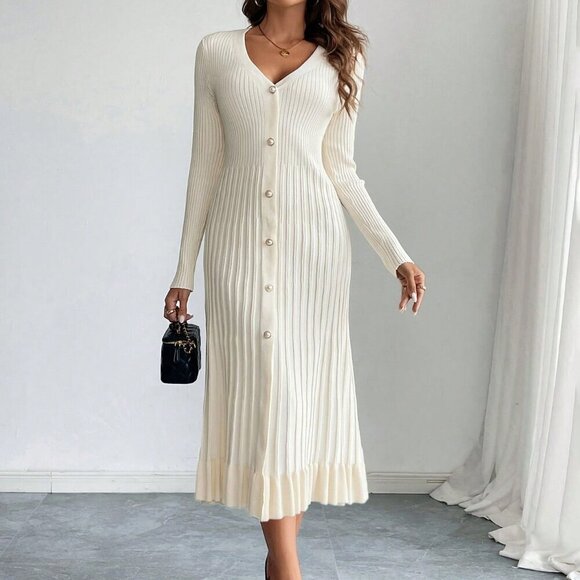 Apricot Elegant Women's V-Neck Long Sleeve Buttoned Pleated A-Line Sweater Dress - Picture 4 of 6